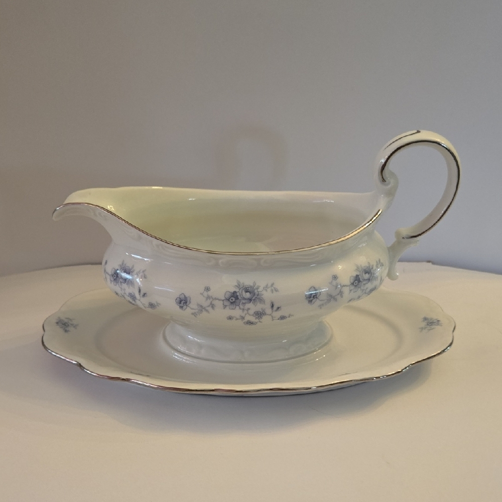 Elegant White With Blue Flowers, Serveware with Scalloped Edges, From The 1950s.